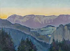 Koloman Moser, Blick auf die Rax von der Villa Mautner v. Markhof im Abendlicht, Um 1913, Oil on canvas