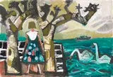 Otto Dix, Mädchen mit Platanen und zwei Schwänen am See, 1957, Oil on fibreboard