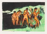 Mit Schilf werfende Badende by Ernst Ludwig Kirchner, 1909, Woodcut in colors, sold Jun 2018