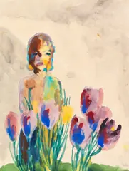 Emil Nolde, Stillleben mit Tulpen und einer Figur, Ca. 1955, Watercolor