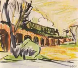 Max Pechstein, Zug auf Viadukt, Um 1913, Watercolor