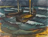 Ernst Mollenhauer, Boote am Kurischen Haff, 1946, Oil on fibreboard