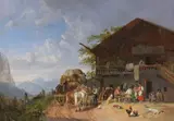Heinrich Bürkel, Rast vor einem Gasthof in den Bergen
