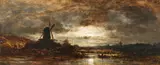 Eduard Schleich d. Ä., Holländische Flusslandschaft mit Mühle bei Mondschein, Um 1855, Oil on panel