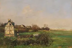 Landschaft mit Fachwerkhaus und Bäuerin by Antoine Guillemet, Wohl um 1890, Oil on canvas, sold May 2018