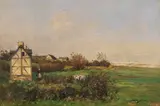 Antoine Guillemet, Landschaft mit Fachwerkhaus und Bäuerin, Wohl um 1890, Oil on canvas