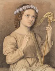 Marie Ellenrieder, Blumenbekränztes Mädchen mit Harfe (Heilige Cäcilie), Um 1850, Colored chalk