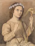 Marie Ellenrieder, Blumenbekränztes Mädchen mit Harfe (Heilige Cäcilie), Um 1850, Colored chalk