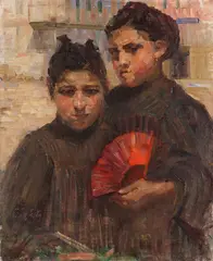Gertraud Rostosky, Porträt zweier Mädchen mit kirschrotem Fächer, Wohl um 1910, Oil on canvas