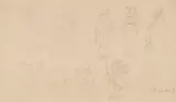 Carl Spitzweg, 2 Bll.: Ganzfiguriges Porträt einer jungen Dame mit Stola. Skizzenblatt mit 8 Figurenskizzen, darunter Gnome, sowie Gartenkomposition mit Tor, Haus, Hund und Bäumen, Um 1855, Pencil