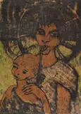 Otto Mueller, Zigeunermadonna (Zigeunerin mit Kind vor Wagenrad), 1926/27, Lithograph in colors