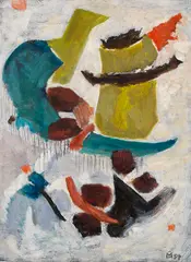 Gabriele Münter, Mit blauem Bogen, 1954, Oil on cardboard