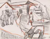 Landschaft mit Personen und grasender Kuh / verso: Bauer by Ernst Ludwig Kirchner, 1922, Colored chalk drawing, sold Dec 2017