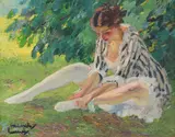 Edward Cucuel, Auskleidend (Sitzende im Gras), Um 1910, Oil