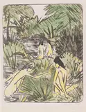 Otto Mueller, Waldsee mit drei badenden und einem sitzenden Mädchen 2, 1918, Lithografie auf Japan, mit Aquarell und Farbkreide koloriert