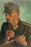 Albert Birkle, Selbstbildnis als Kriegsberichter, Um 1942, Oil on cardboard