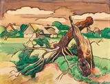 Max Pechstein, Geknickter Baum vor pommerscher Dorflandschaft, 1927, Watercolor