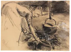 Kochstelle by Max Liebermann, 1884, Charcoal drawing, sold Dec 2017