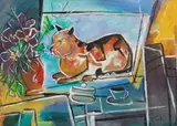 Franz Xaver Fuhr, Katze am Fenster mit Blumenvase, Wohl 1960, Oil on cardboard