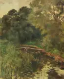 Lotte Laserstein, Baumreiche Landschaft mit Steg am Waldteich