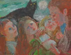 Bruno Krauskopf, Beim Vorlesen, Wohl 1950, Oil on fibreboard