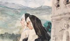Adolph von Menzel, Zwei Nonnen im Klosterhof, Um 1870, Watercolor