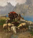 Christian Mali, Schafe und Hirte an einem Hochgebirgssee, Ca. 1902/1904, Oil on canvas