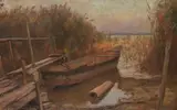Karl Raupp, Fischerboot im Schilf, Ca. 1910, Oil on cardboard