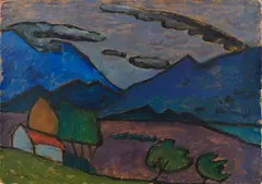 Gabriele Münter, Berglandschaft mit Haus, 1910, Oil on cardboard