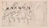 Ernst Ludwig Kirchner, Sechs Tänzerinnen vor Bogendekoration (Englisches Ensemble), 1910, Drypoint