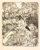 Otto Mueller, Waldsee mit drei badenden und einem sitzenden Mädchen 2, 1918, Lithografie auf Japan, mit Aquarell und Farbkreide koloriert