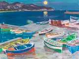 Arnold Balwé, Fischerboote am Abend (Marina di Campo, Insel Elba)