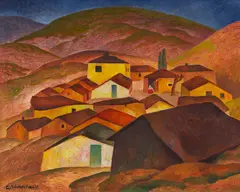 Gustav Wunderwald, Gebirgsdorf in Mazedonien, 1918, Oil on canvas