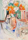 Oskar Moll, Blumenstillleben mit Schüssel und gestreiftem Krug, Gouache
