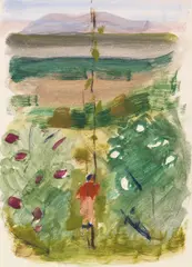 Oskar Schlemmer, Landschaft mit Rückenfigur zwischen Büschen, Um 1935, Gouache
