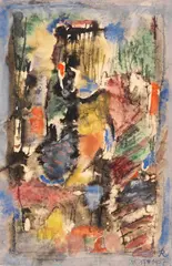 Hans Reichel, Komposition Schwarz-weiß-gelb, 1957, Watercolor