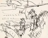 Spaziergänger bei einer Brücke by Ernst Ludwig Kirchner, Um 1922, Pen and India ink drawing, sold Jun 2017