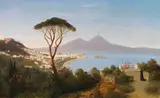 Albert Zimmermann, Blick vom Posillipo auf die weite Bucht von Neapel mit rauchendem Vesuv