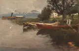 Karl Raupp, Idylle am Chiemsee - Raddampfer vor der Fraueninsel, am Ufer ein Fischer im Kahn, Um 1900, Oil on cardboard
