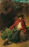 Carl Spitzweg, Sitzendes Mädchen mit rotem Umhang, einen Hasen vor sich