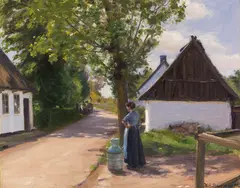 H. A. Brendekilde, Dänische Dorfstraße mit Bäuerin und Milchmann, Ca. 1880, Oil on canvas