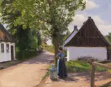 H. A. Brendekilde, Dänische Dorfstraße mit Bäuerin und Milchmann, Ca. 1880, Oil on canvas