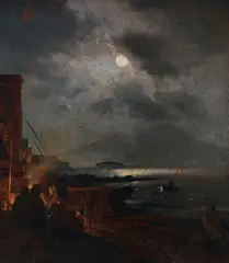 Oswald Achenbach, Fischer in der Bucht von Neapel bei Mondschein, 1885, Oil on panel