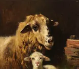 Friedrich Otto Gebler, Mutterschaf mit Lamm im Stall, Ca. 1870/80, Oil on panel