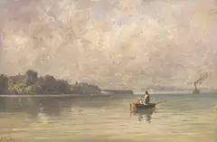 Friedrich Voltz, Chiemsee mit Fischerboot und Dampfer, Ca. 1830/1840, Oil on paper