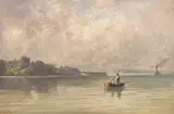 Friedrich Voltz, Chiemsee mit Fischerboot und Dampfer