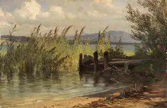 Friedrich Voltz, Bootssteg im Schilf, Ca. 1830/1840, Oil on cardboard