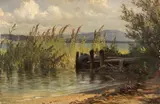 Friedrich Voltz, Bootssteg im Schilf, Ca. 1830/1840, Oil on cardboard