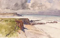 2 Bll.: Bei Bude (Cornwall): Die Küste mit der Mündung des River Neet. Felsiger Strand mit Möwen by Edward Harrison Compton, 1914, Watercolor, sold May 2017