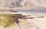 Edward Harrison Compton, 2 Bll.: Bei Bude (Cornwall): Die Küste mit der Mündung des River Neet. Felsiger Strand mit Möwen